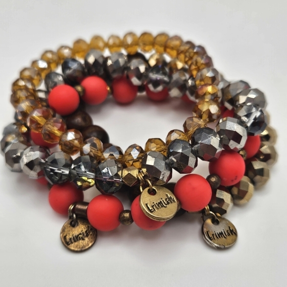 Erimish Stacking Stretch Pink Silver Bronze Rhinestone Beaded Bracelets Set of 4 - Picture 6 of 6